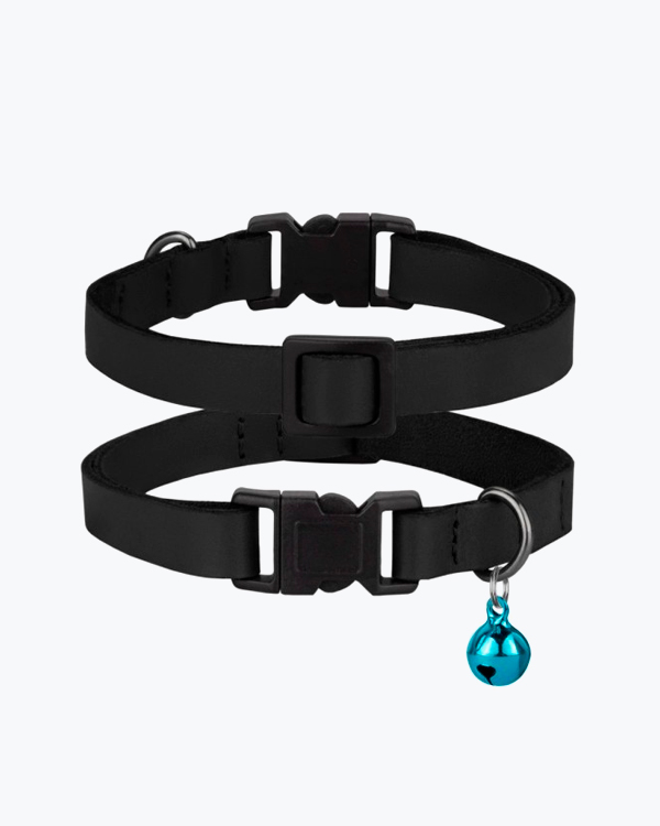Нашийник для котів BronzeDog Crazy шкіряний плоский, з блакитним дзвіночком, чорний, XS