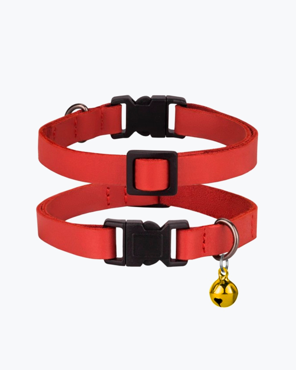 Нашийник для котів BronzeDog Crazy шкіряний плоский, з золотим дзвіночком, червоний, XS