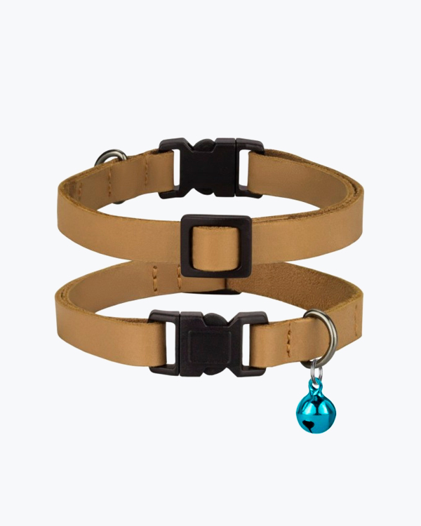 Нашийник для котів BronzeDog Crazy шкіряний плоский, з блакитним дзвіночком, гірчиця, XS