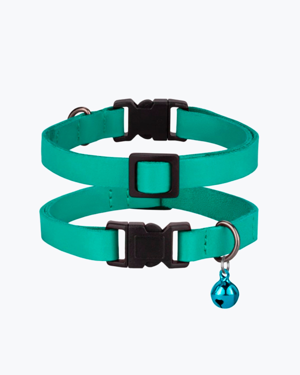 Нашийник для котів BronzeDog Crazy шкіряний плоский, з блакитним дзвіночком, ментол, XS