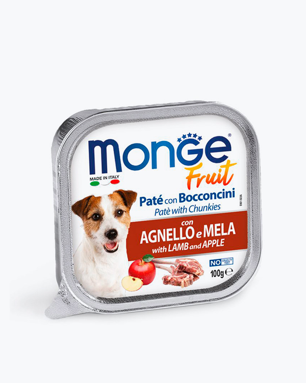 Паштет з м'ясними шматочками Monge Dog Wet FRUIT для дорослих собак усіх порід, ягня з яблуком, 100 г