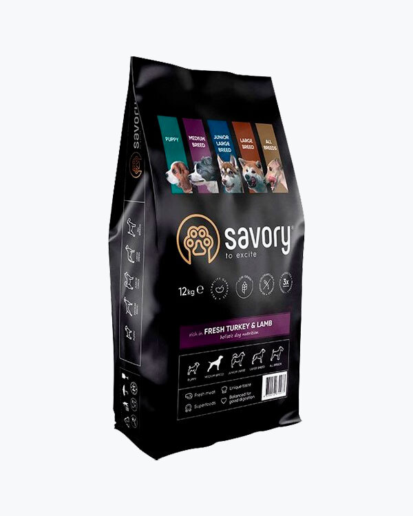 Сухой корм для собак средних пород Savory со свежим мясом индейки и ягненка 12 кг