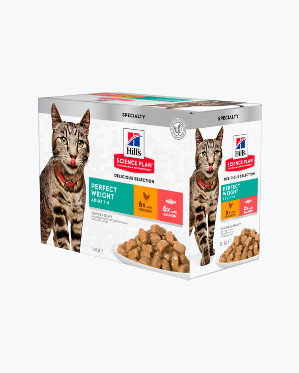 Вологий корм Hill's Science Plan Adult Perfect Weight для підтримки оптимальної ваги дорослих котів, з куркою та лососем, паучі, 85 г (6+6 шт.)
