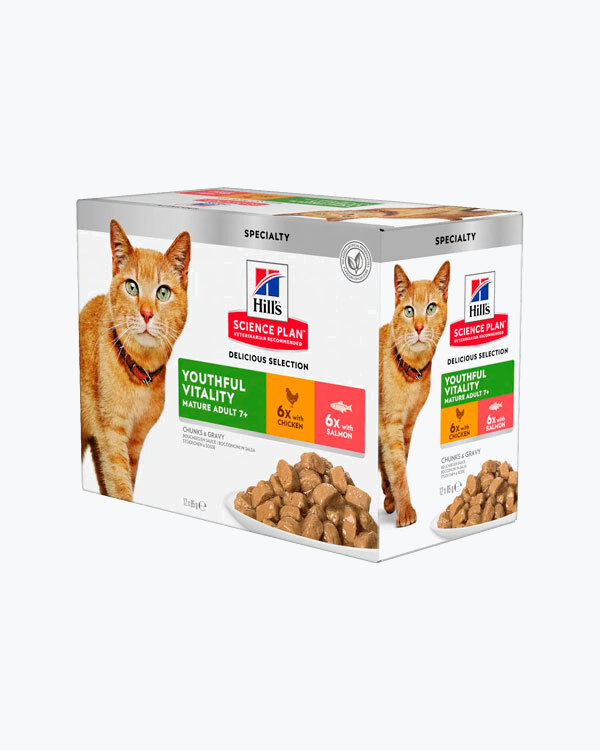 Вологий корм Hill's Science Plan Mature Adult 7+ Senior Vitality для дорослих кішок від 7 років, з куркою та лососем, пауч, 85 г (6+6 шт.)