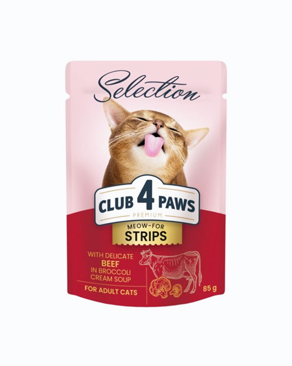 Вологий корм Club 4 Paws Selection для котів, смужки з яловичиною в крем-супі з брокколі, 85 г, пауч