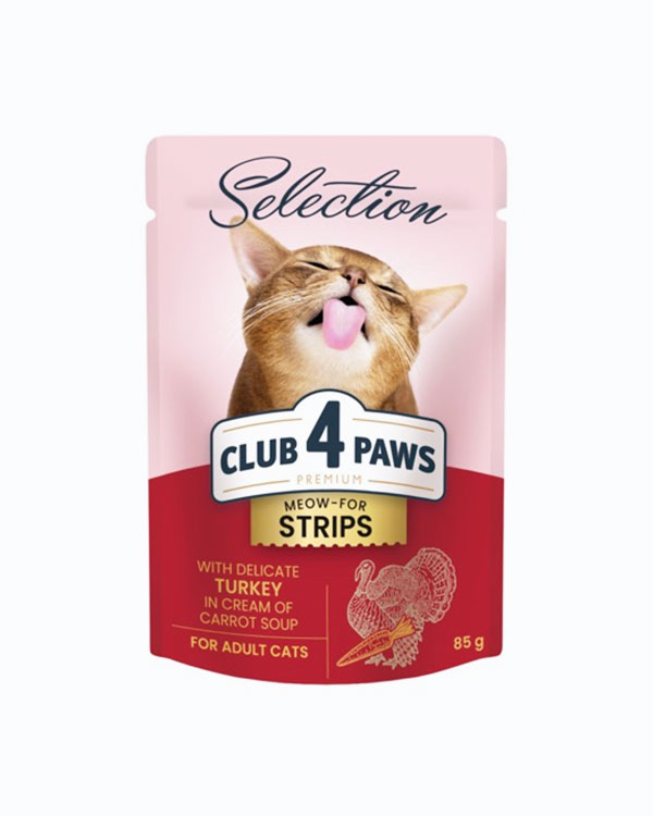 Вологий корм Club 4 Paws Selection для котів, смужки з індички в крем-супі з моркви, 85 г, пауч
