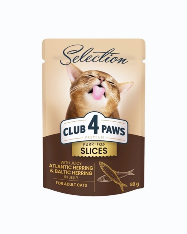 Вологий корм Club 4 Paws Selection для котів, з оселедцем і салакою в желе, 80 г, пауч