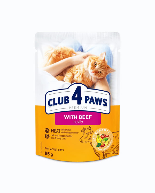 Вологий корм Club 4 Paws для котів, з яловичиною в желе, 100 г, пауч