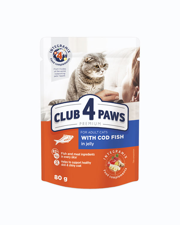 Вологий корм Club 4 Paws для котів, тріска в желе, 80 г, пауч