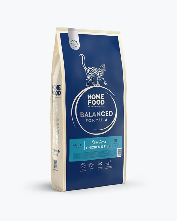 Сухой корм для стерилизованных взрослых кошек Home Food Sterilised Balanced Formula, курица и рыбка, 10 кг