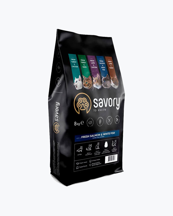 Сухой корм Savory для длинношерстных кошек, со свежим лососем и белой рыбой, 8 кг