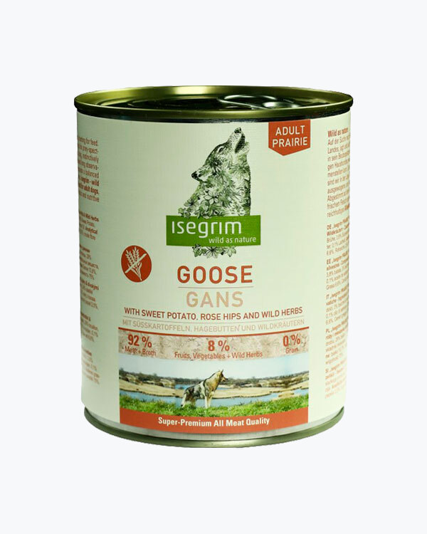 Консервований корм для собак isegrim adult prairie м'ясо гуся зі солодкою картоплею, шипшинкою та дикими травами 800г.