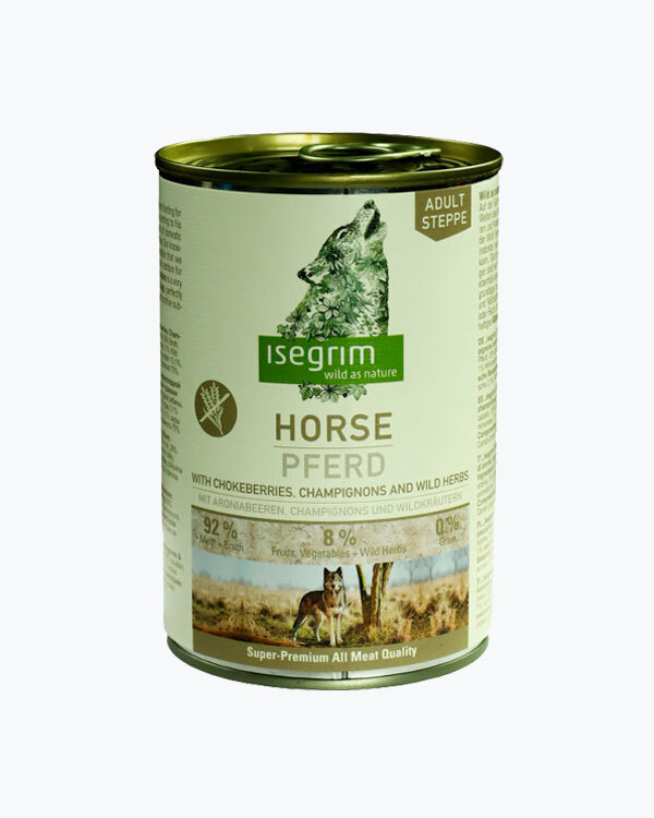Консервований корм для собак isegrim adult steppe конина з чорноплідною рябиною, шампіньйонами та дикими травами 400г.