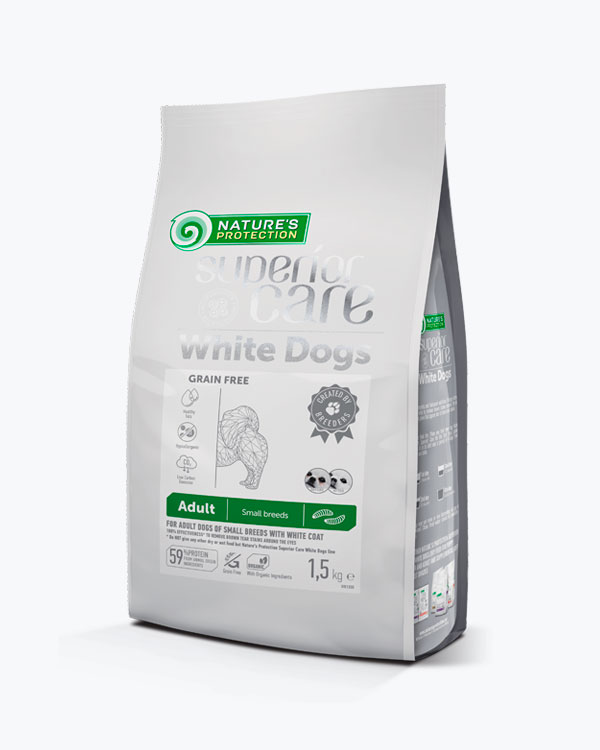 Сухой беззерновой корм Nature's Protection Superior Care Dogs Grain Free Insect Adult Small Breeds, для взрослых собак малых пород с белой шерстью, с протеинами насекомых, 1.5 кг