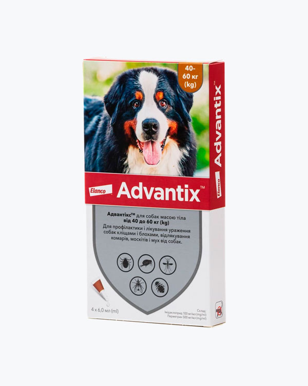 Краплі Elanco Advantix Адвантікс, від бліх, волосоїдів та кліщів, для собак від 40 до 60 кг, (6 мл), 1 піпетка