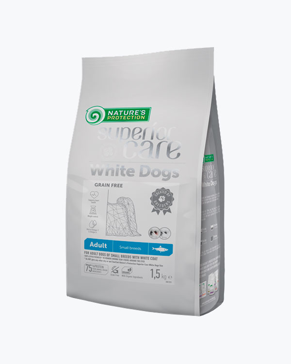 Сухий беззерновий корм Nature's Protection Superior Care White Dogs Grain Free with Herring Adult Small Breeds, для дорослих собак малих порід з білою шерстю, з оселедцем, 1.5 кг.