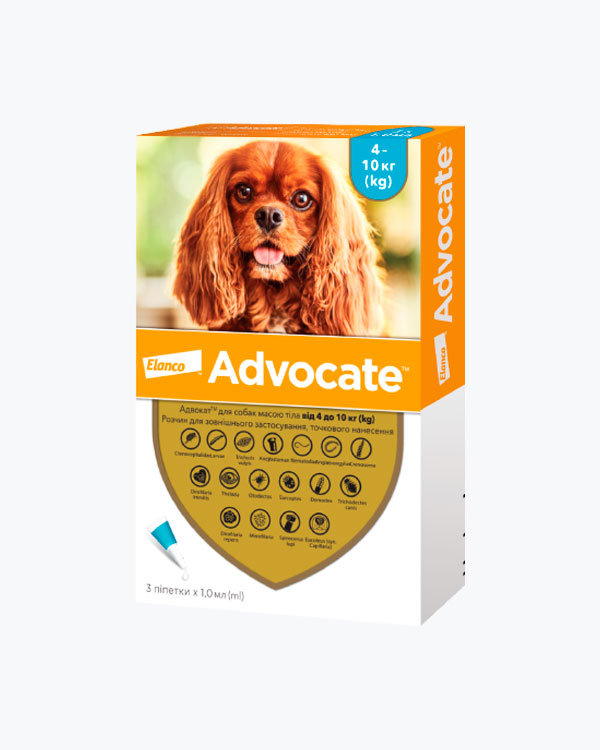 Краплі Elanco Advocate Адвокат, від бліх, кліщів та гельмінтів, для собак від 4 до 10 кг, (1 мл), 1 піпетка