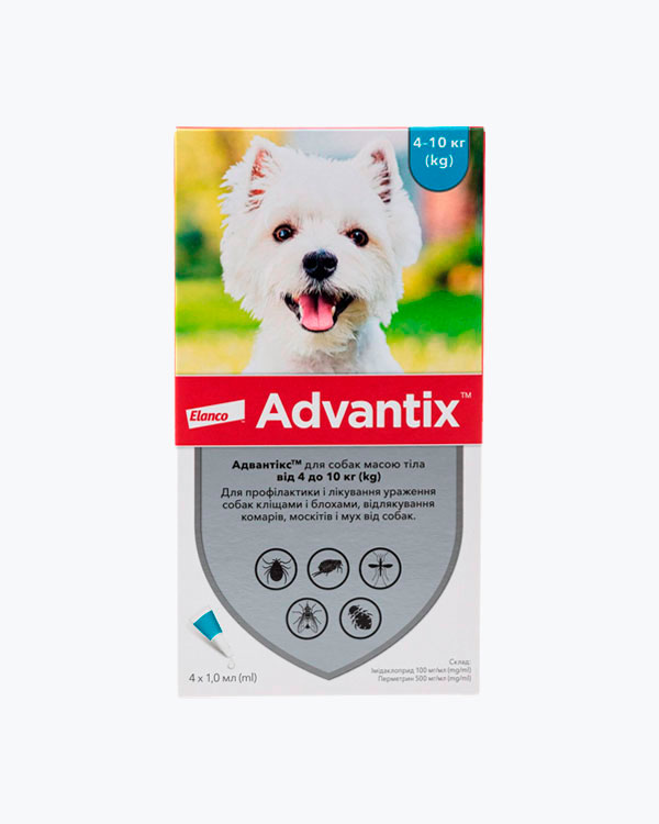Капли Elanco Advantix Адвантикс, от блох, власоедов и клещей, для собак от 4 до 10 кг, (1,0 мл), 1 пипетка