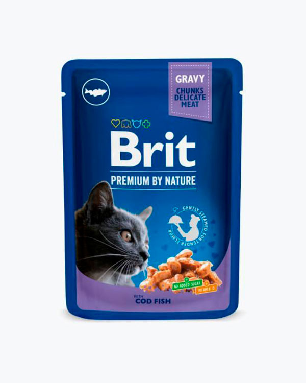 Вологий корм Brit Premium Cat Pouch для кішок, з тріскою, 100 г, пауч
