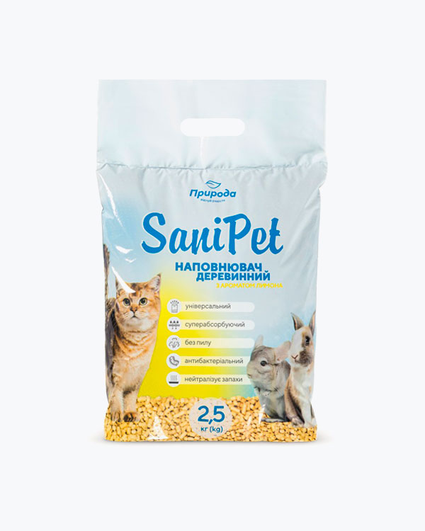 Деревний наповнювач для котячого туалету Природа SaniPet Універсальний Лимон 2.5кг