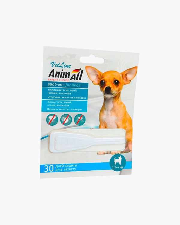 Противопаразитарные капли AnimAll VetLine Spot-On от блох и клещей для собак от 1.5 кг до 4 кг