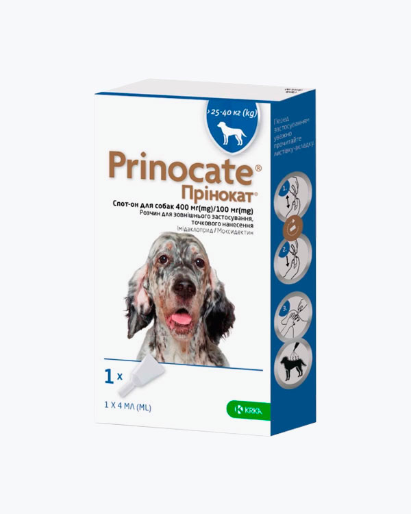 Краплі Prinocate Прінокат від бліх кліщів та гельмінтів, для собак вагою від 25 до 40 кг, 4 мл, 1 піпетка