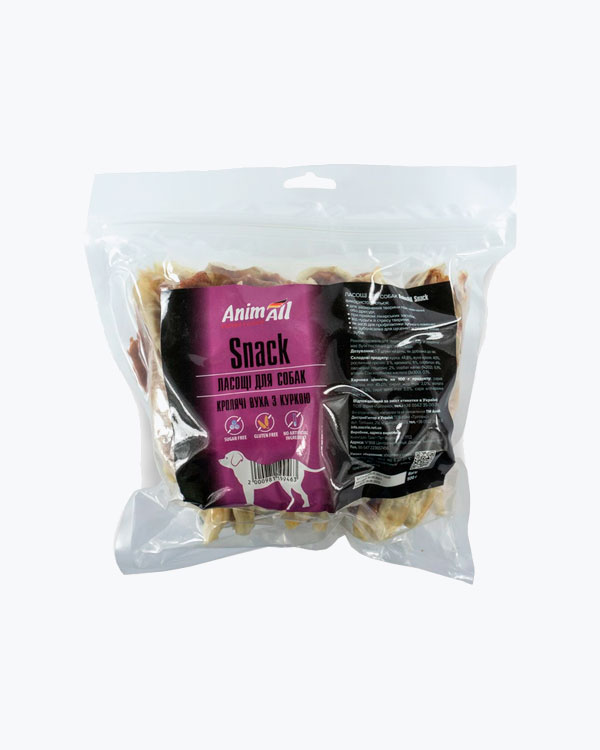 Ласощі для собак AnimAll SNACK, вушка кролика з м'ясом курки, 500 г