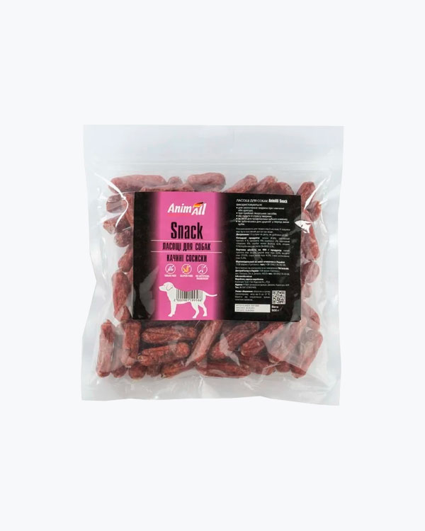 Ласощі для собак AnimAll SNACK, качині сосиски, 500 г