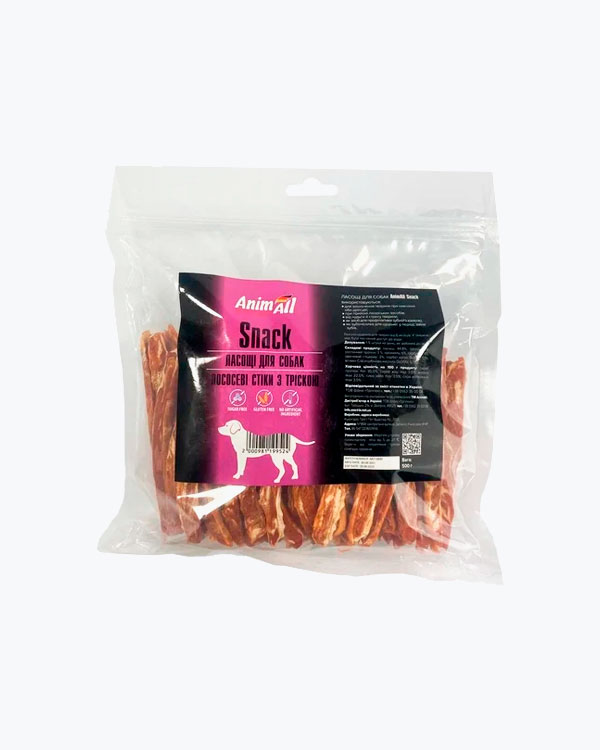 Ласощі для собак AnimAll SNACK лососеві стіки з тріскою, 500 г