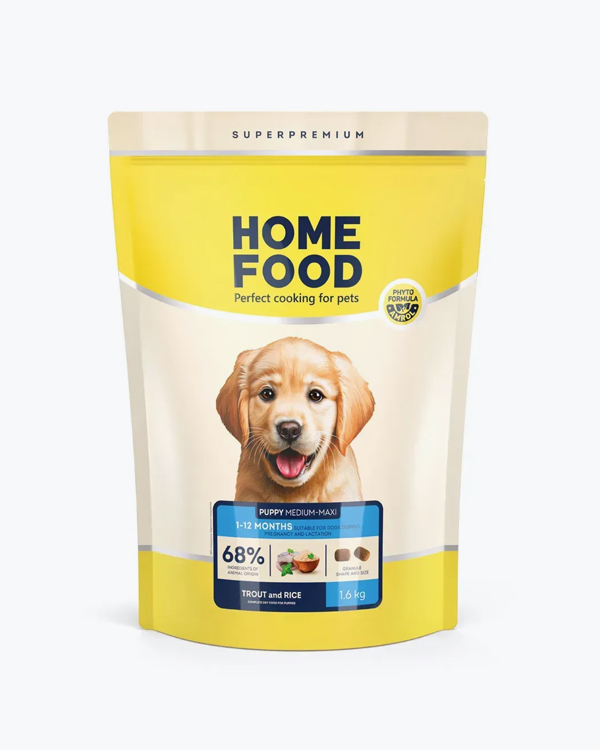 Сухий корм для цуценят середніх та великих порід Home Food гіпоалергенний, форель з рисом, 1.6 кг