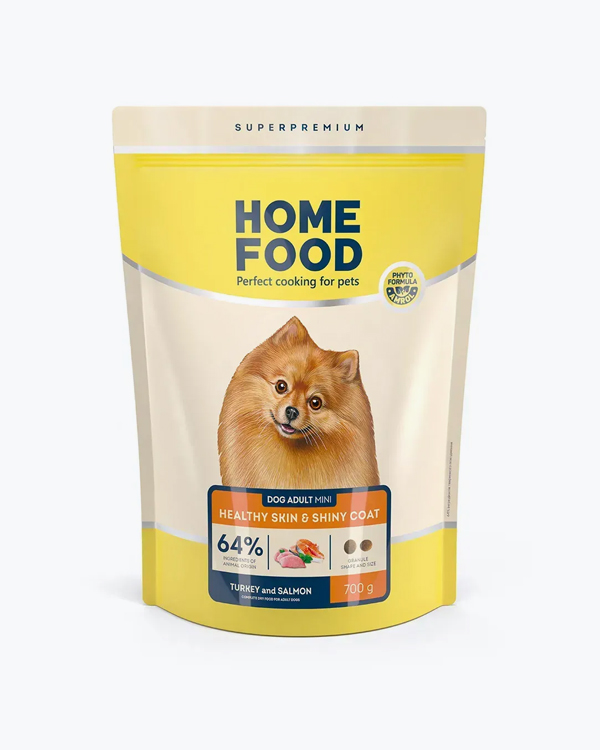 Сухой корм для взрослых собак мелких пород Home Food здоровая кожа и блеск шерсти, индейка и лосось, 700 г