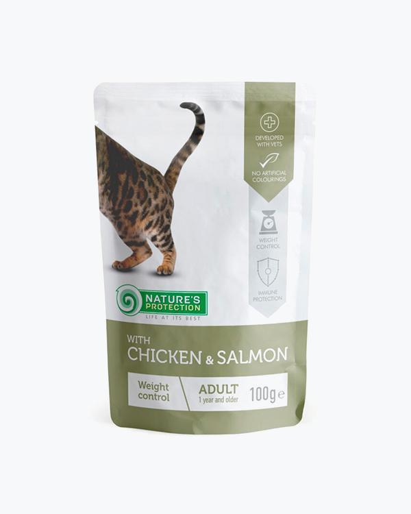 Вологий корм Nature's Protection Weight control Chicken & Salmon для котів, схильних до зайвої ваги, з куркою та лососем, шматочки в соусі, 100 г