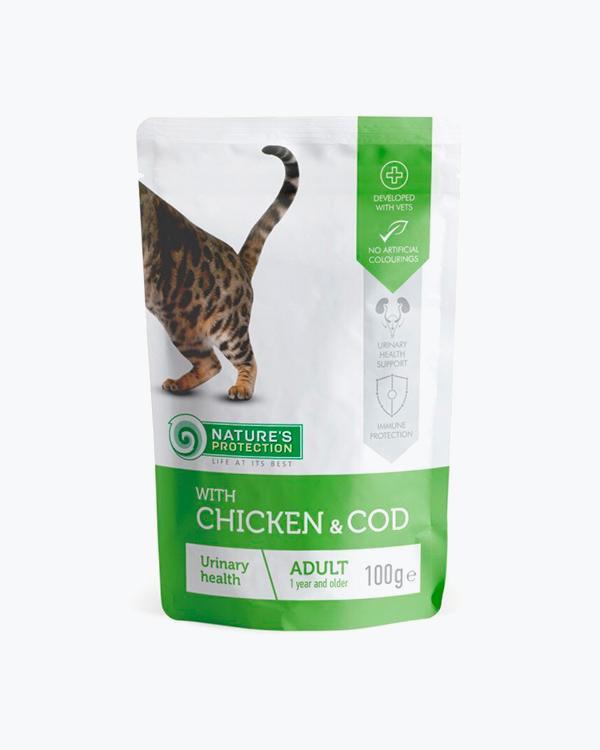 Вологий корм Nature's Protection Urinary health Chicken & Cod для котів, з функцією підтримки сечовивідної системи, з куркою та тріскою, шматочки в соусі, 100 г