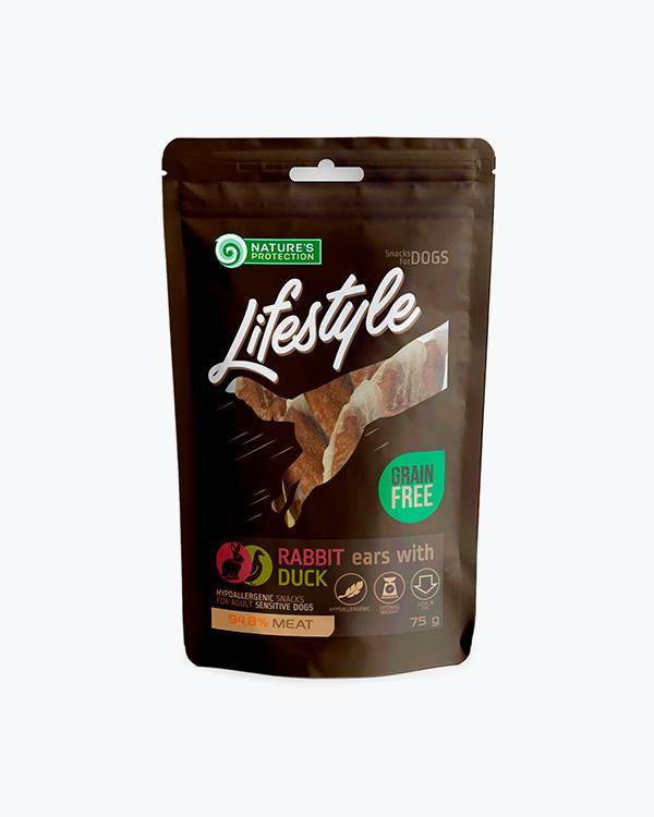 Ласощі Nature's Protection Lifestyle snacks for dogs, rabbit ears with duck для собак, кролячі вуха з качкою, 75 г