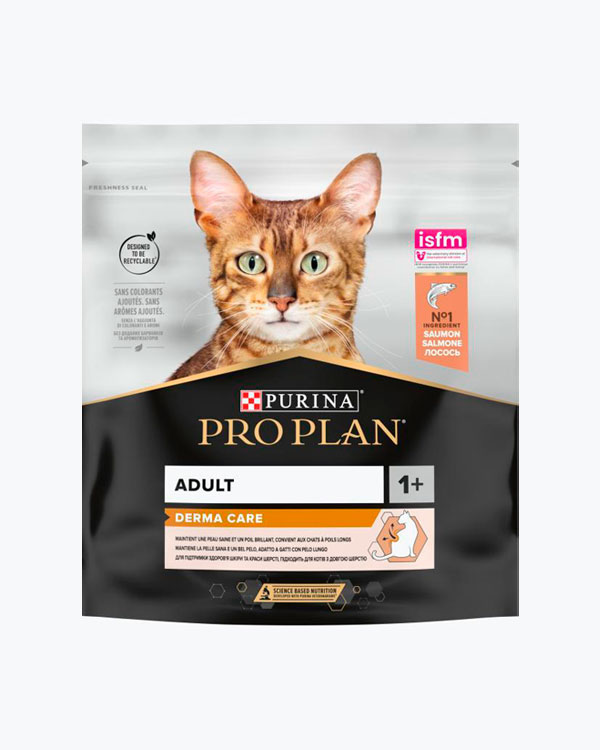 Сухой корм PURINA PRO PLAN Adult Derma Care, для взрослых кошек для поддержки здоровья кожи, с лососем, 400 г
