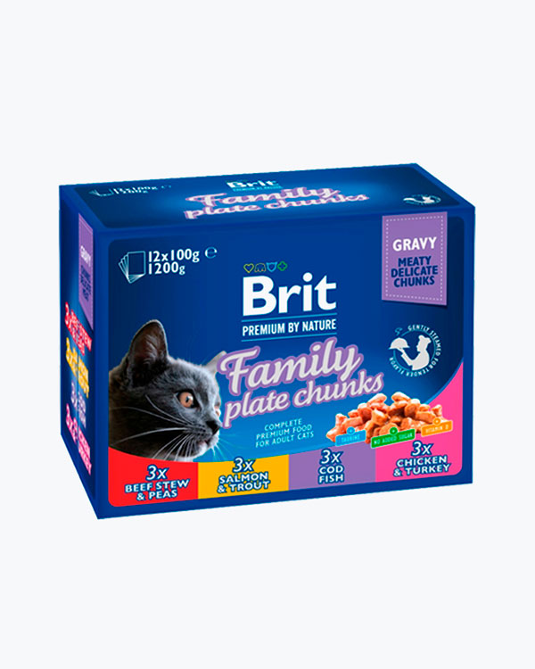 Набір вологого корму Brit Premium Cat Family Plate для котів, в асорті із 4 смаків, 12 шт по 100 г