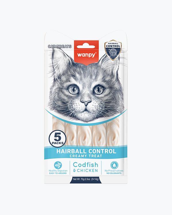 Жидкое лакомство WANPY Functional Creamy Lickable Treat Hairball Control, для кошек, вывод шерсти, с треской и курицей, 5 шт по 14 г