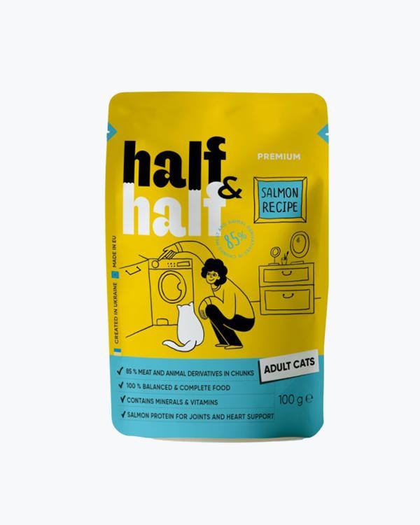Корм вологий HalfHalf для дорослих кішок шматочки з лососем в желе, пауч, 100 г
