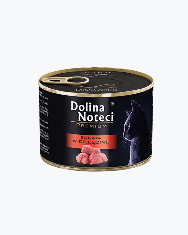 Консервований корм для кішок Dolina Noteci Premium м'ясні шматочки з телятиною в соусі, 185 г