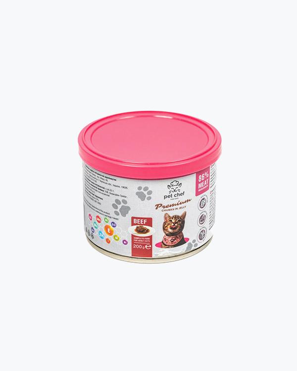 Влажный корм Pet Chef для кошек, с говядиной, кусочки в желе, 200 г