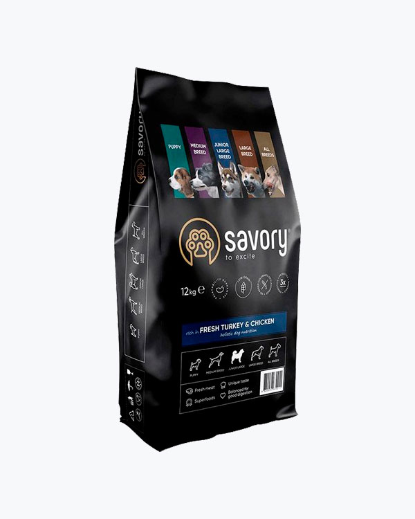 УЦІНКА - Сухий корм для цуценят великих порід Savory зі свіжим м'ясом індички та курки, 12 кг