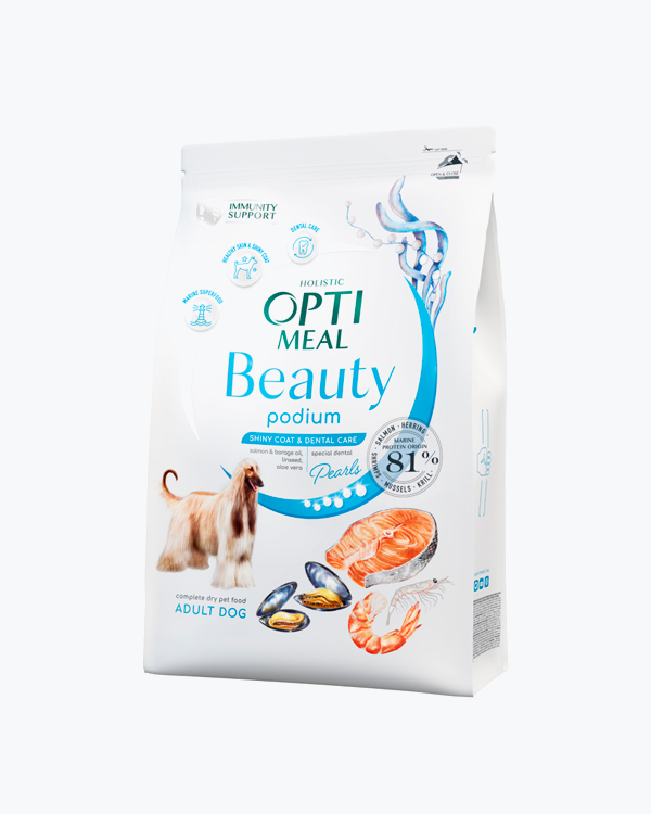 УЦІНКА - Сухий корм OPTIMEAL Beauty Podium Shiny Coat & Dental Care з морепродуктами для собак, 1,5 кг