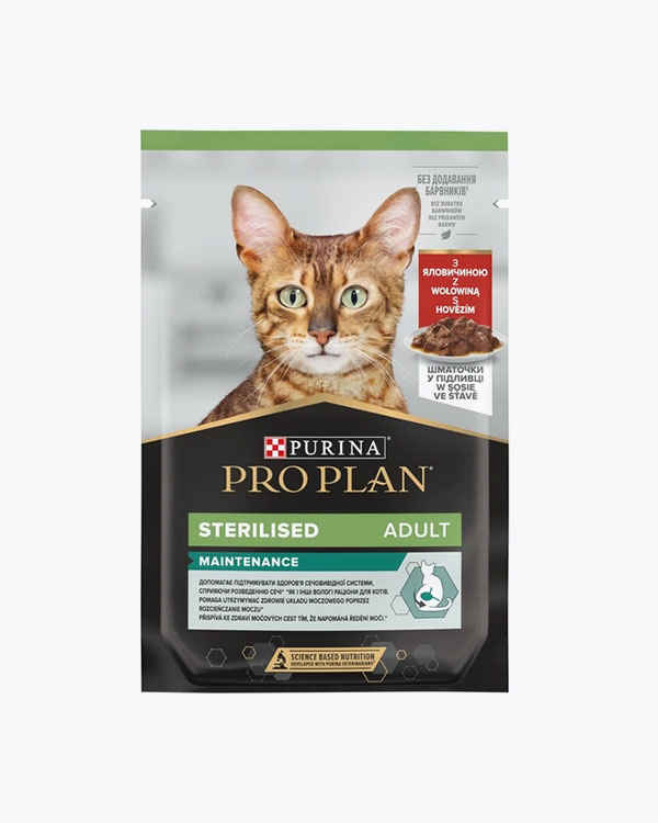 Вологий корм PURINA ProPlan Sterilised Nutrisavour, для стерилізованих котів,з яловичиною, 85 г, пауч