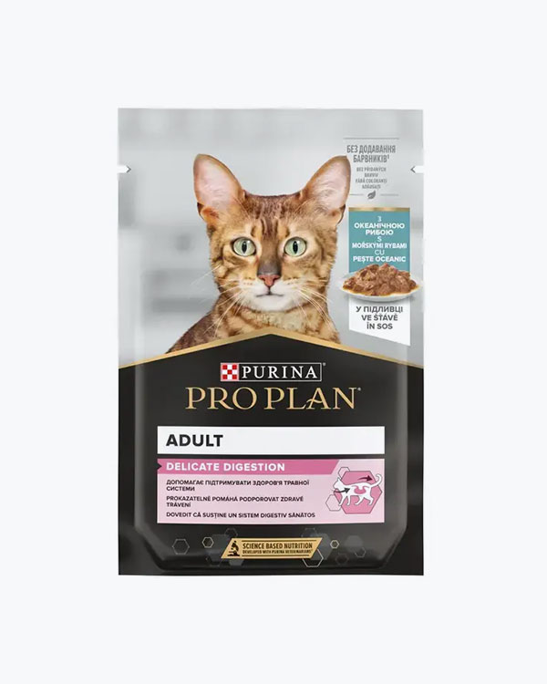 Вологий корм PURINA ProPlan  Delicate Nutrisavour для котів, з чутливим травленням,з океанічною рибою, 85 г, пауч
