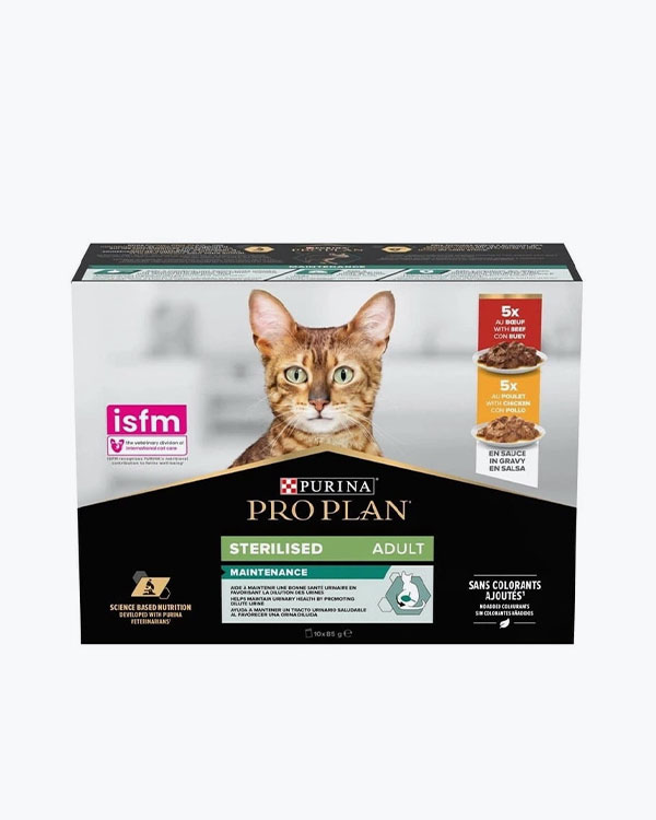 Упаковка вологого корму PURINA ProPlan Sterilised, для стерилізованих котів, мультипак, яловичина та курка, 10 х 85 г