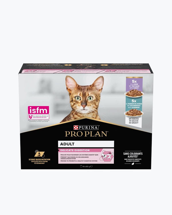 Упаковка вологого корму PURINA ProPlan Delicate, для стерилізованих котів, мультипак, індичка та океанічна риба , 10 х 85 г
