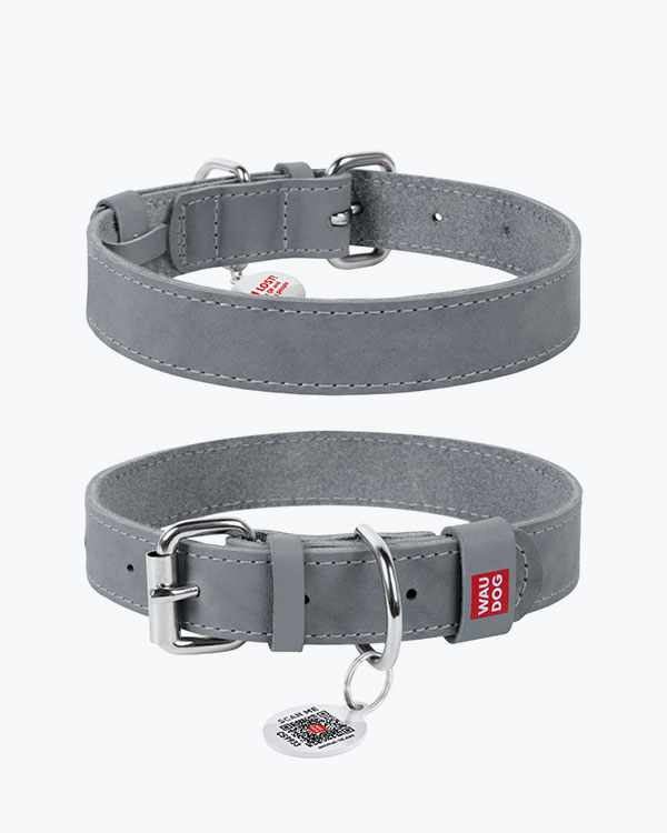 Ошейник WAUDOG Classic кожаный, для собак, серый, M (30-39 см)