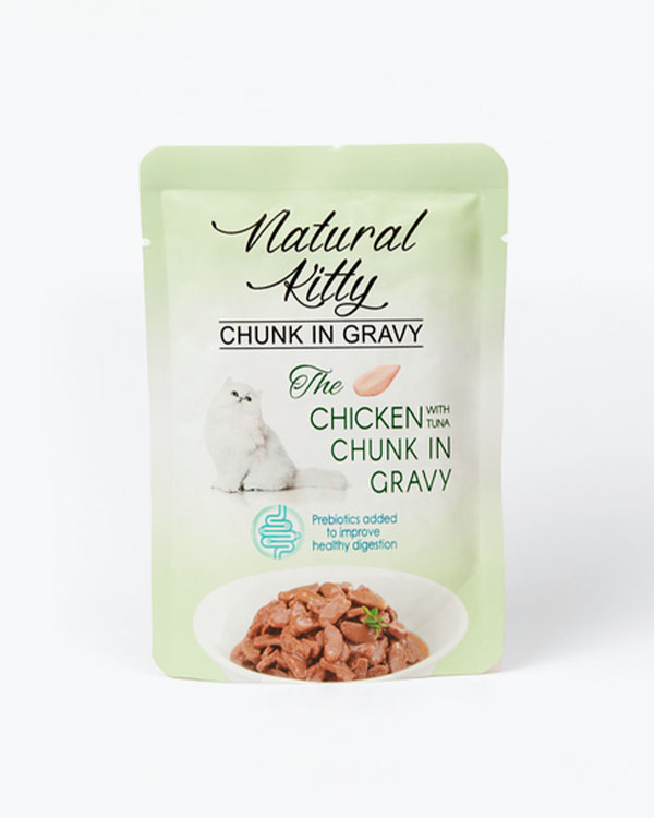 Вологий корм Natural Kitty Chunk in Gravy Chicken with Tuna для котів, у вигляді шматочків курки та тунця з курячою печінкою у соусі, 85 г, пауч