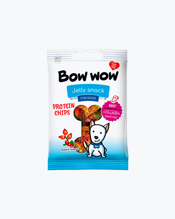 Ласощі  для собак Bow wow, протеїнові чипси з яловичиною,шипшиною та журавлиною, 60 г