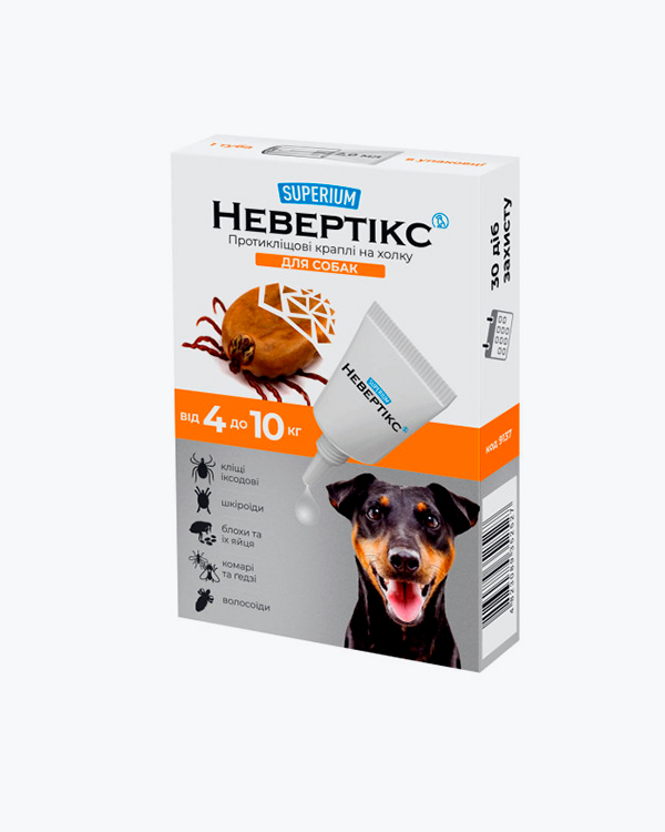 Краплі Superium Невертікс, противокліщові на холку для собак, від 4 до 10 кг
